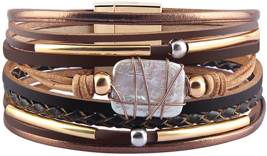 Multilayer Leather Cord Bracelet for Women with Pearl Beads and Gold-Plated Tube Accents