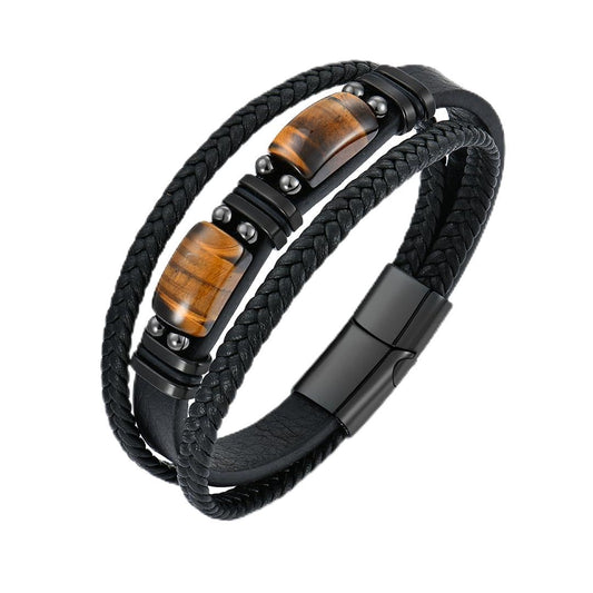 Men's Microfiber Leather Bracelet with Tiger Eye Stones and Stainless Steel Buckle