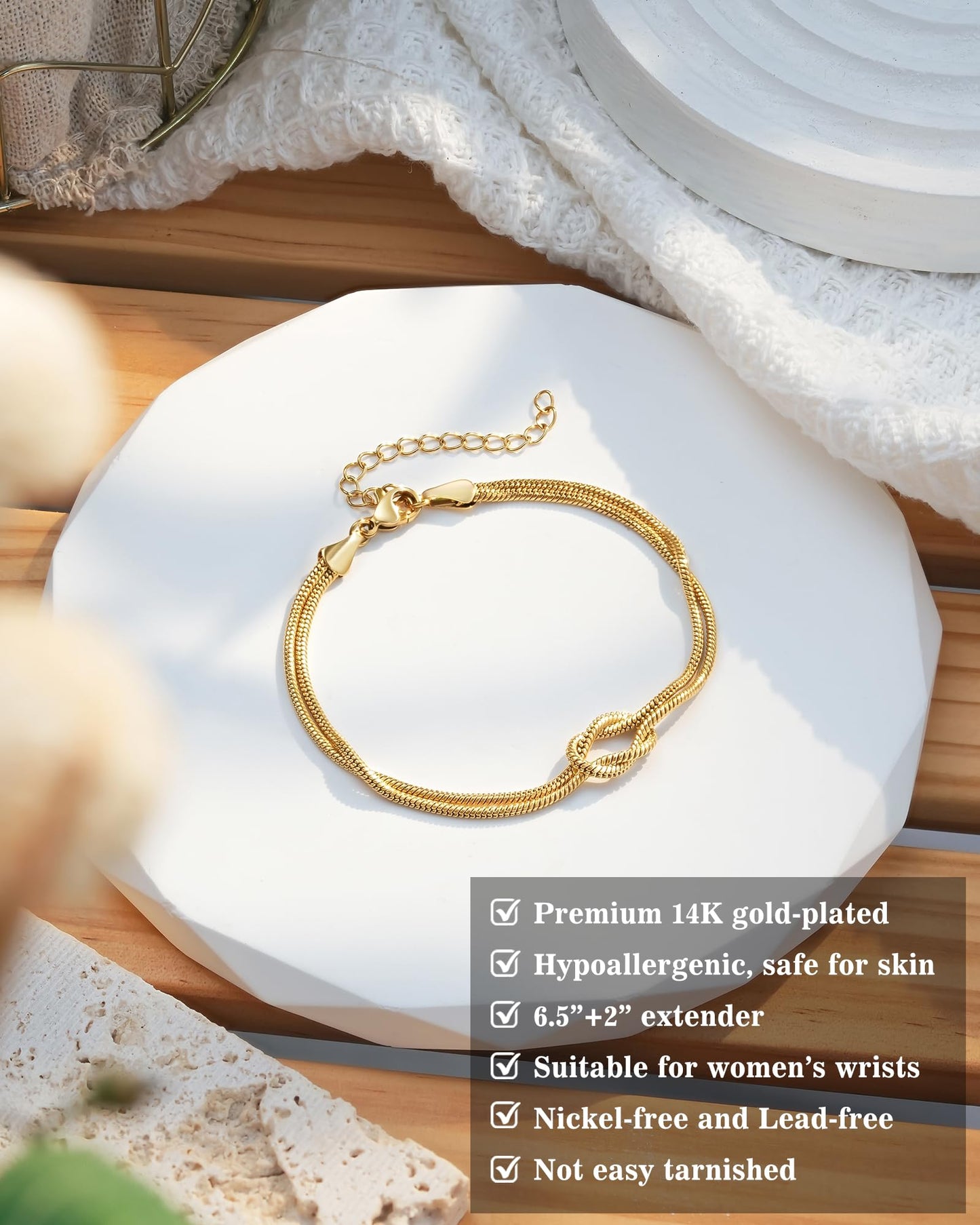 Women's Gold-Tone Stainless Steel Love Knot Charm Bracelet – Adjustable Chain