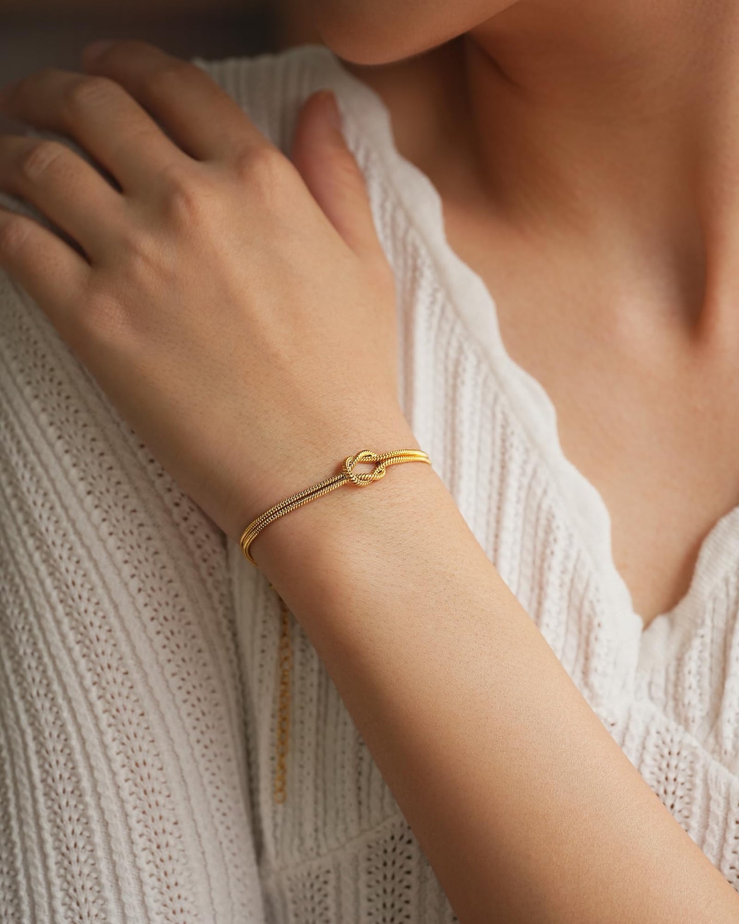 Women's Gold-Tone Stainless Steel Love Knot Charm Bracelet – Adjustable Chain