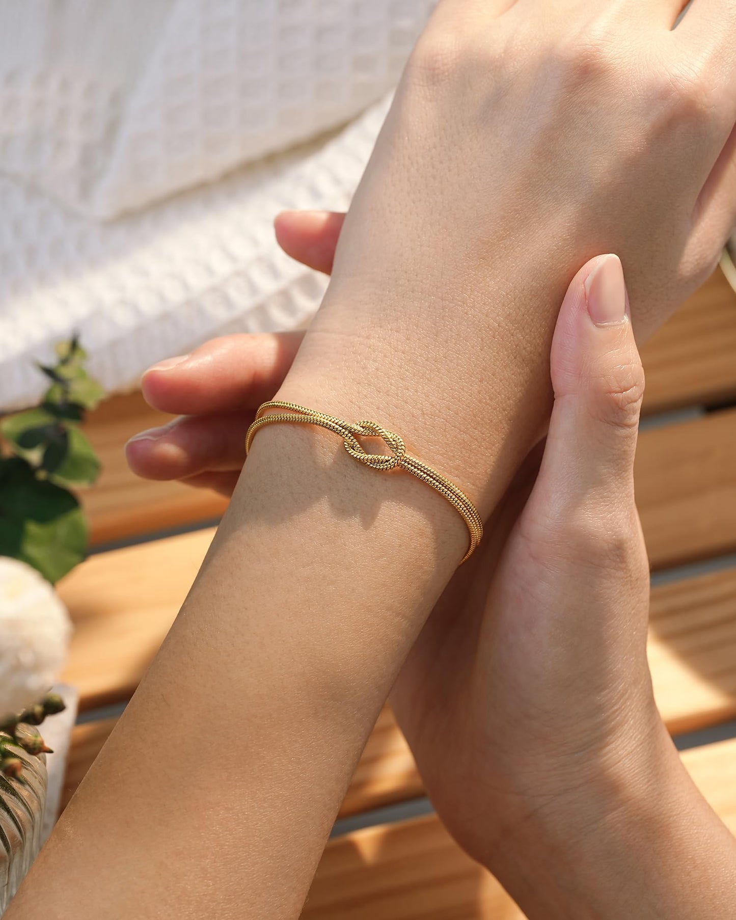 Women's Gold-Tone Stainless Steel Love Knot Charm Bracelet – Adjustable Chain